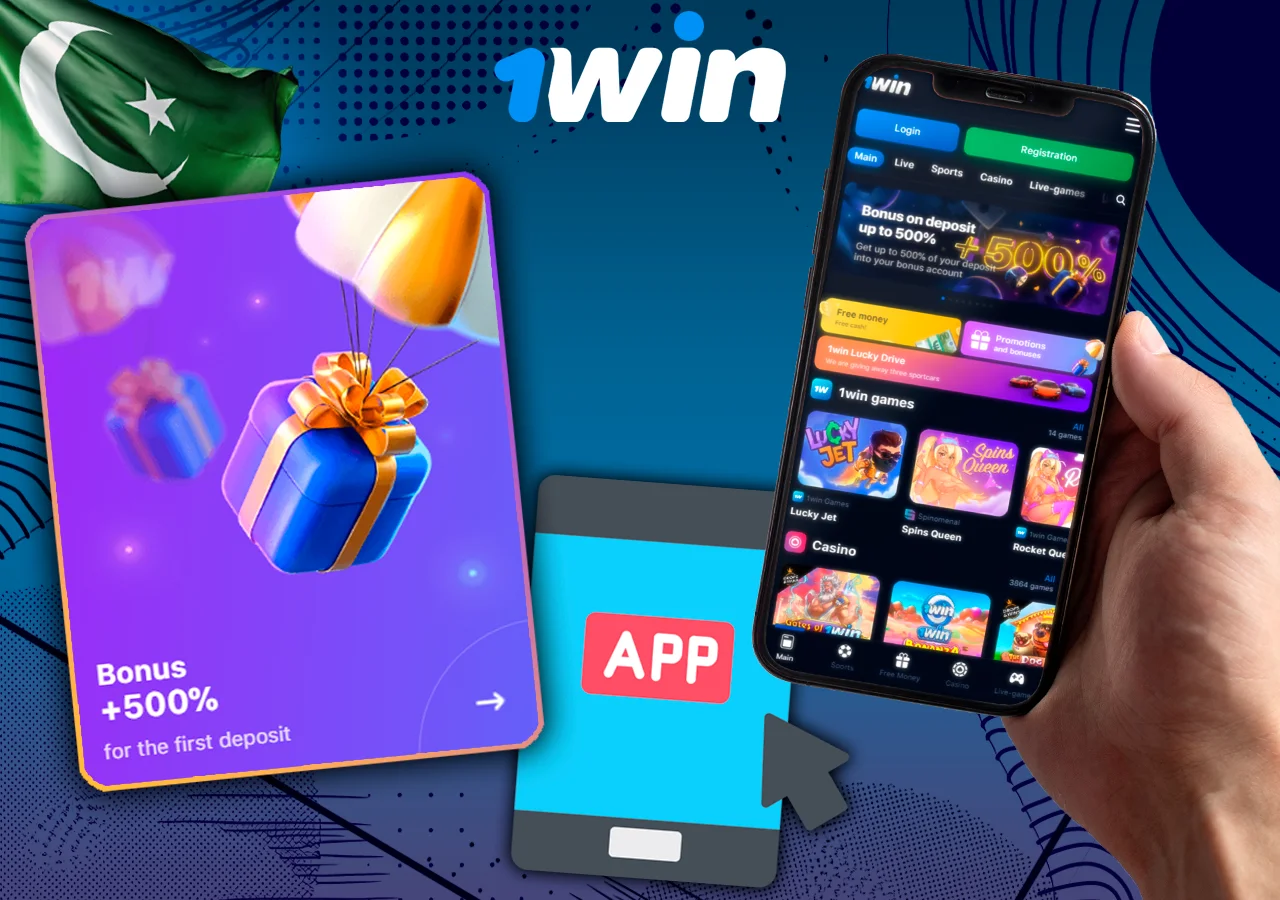 Hand holding phone with 1Win app featuring a 500% deposit bonus promotion