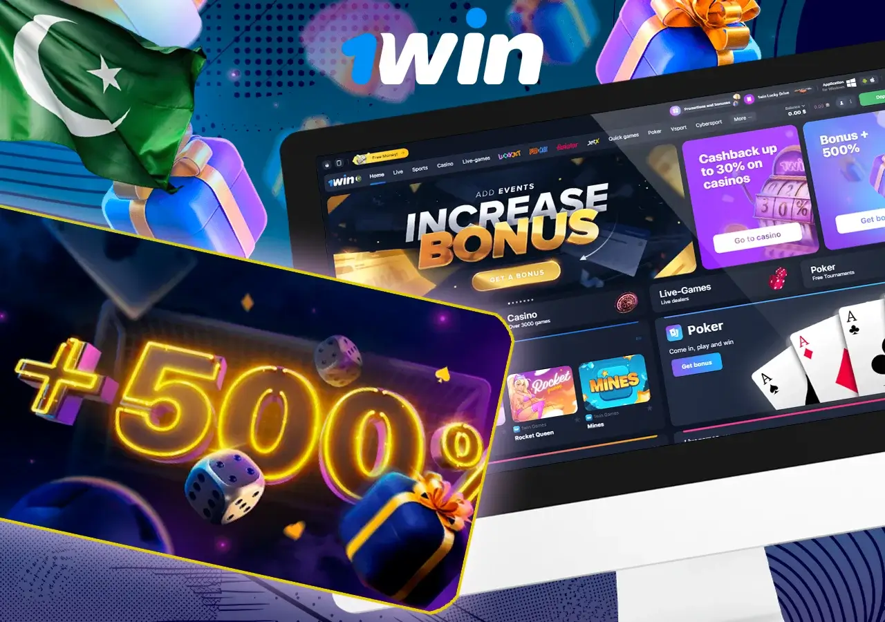 On a computer, a 1Win advertisement showing the 500% welcome bonus and gaming options, gifts in the background