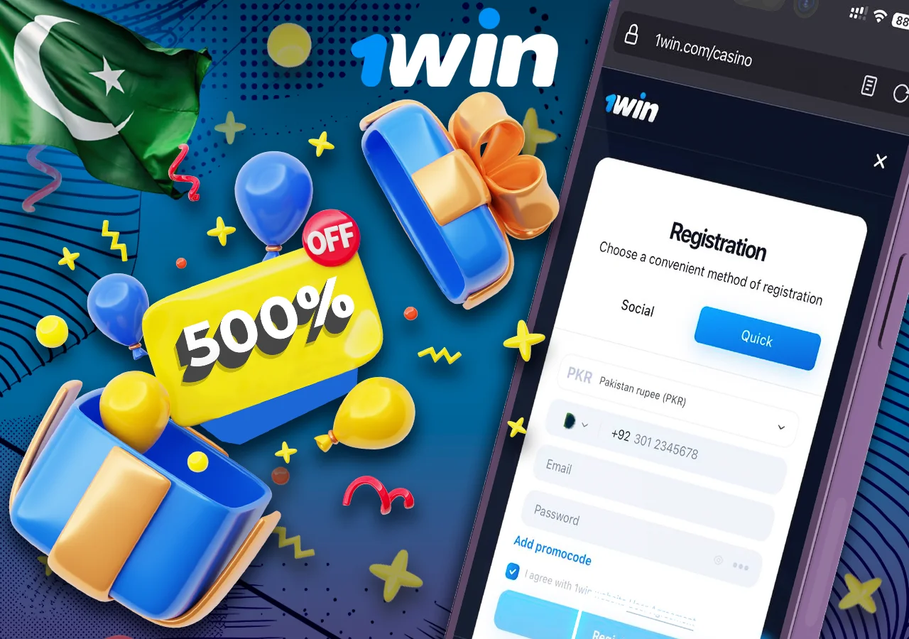 Phone with open registration page on 1Win Pakistan website, next to open gift with 500% bonus