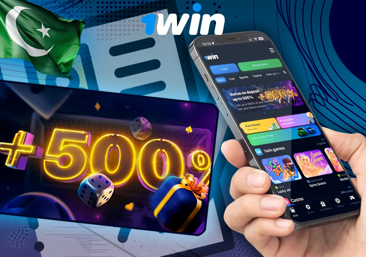 Promotional image showing 1Win app interface and a bonus offer with bright 500% sign.