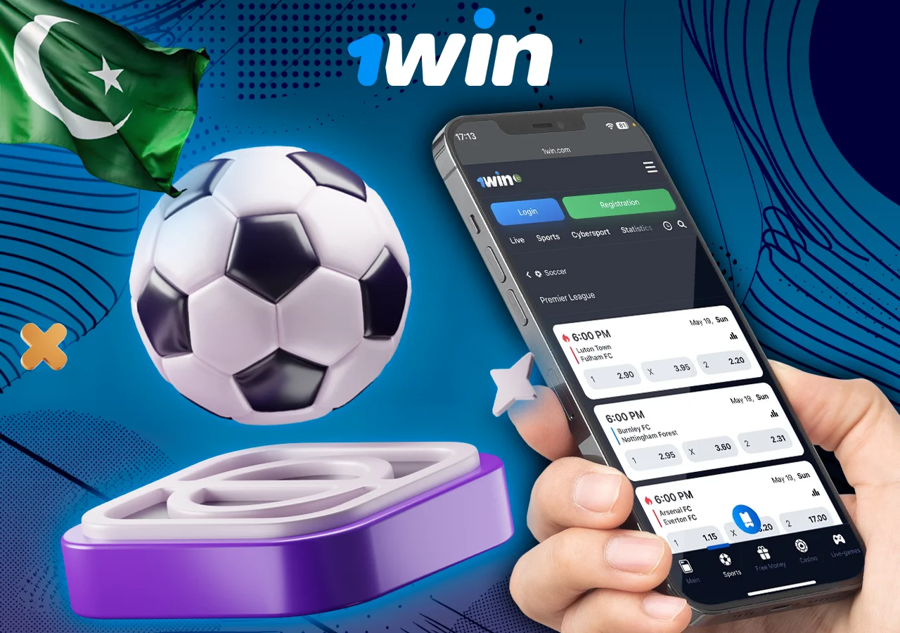 1Win football betting platform showing match odds and login screen on a mobile device with a soccer ball nearby