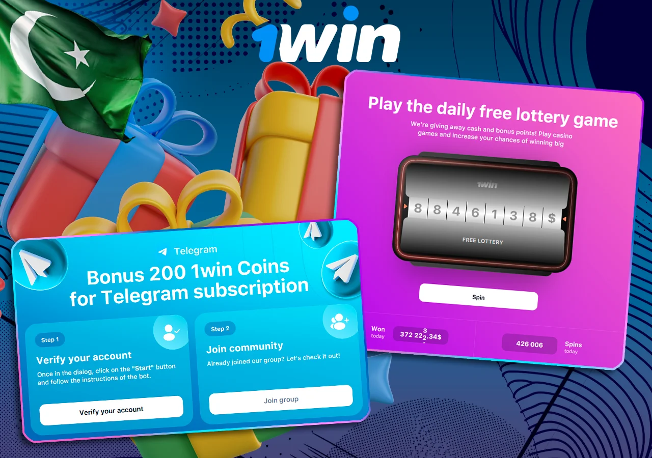 Pictured are two options for getting no-deposit bonuses - via telegram and lottery, with gifts in the background