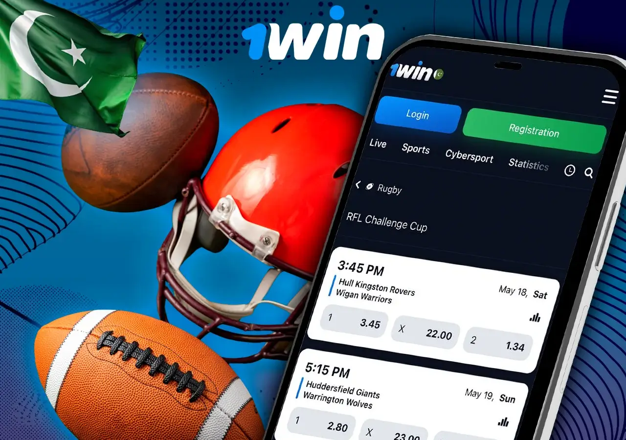 Online betting app showing rugby match timings and odds with a football helmet and the Pakistani flag