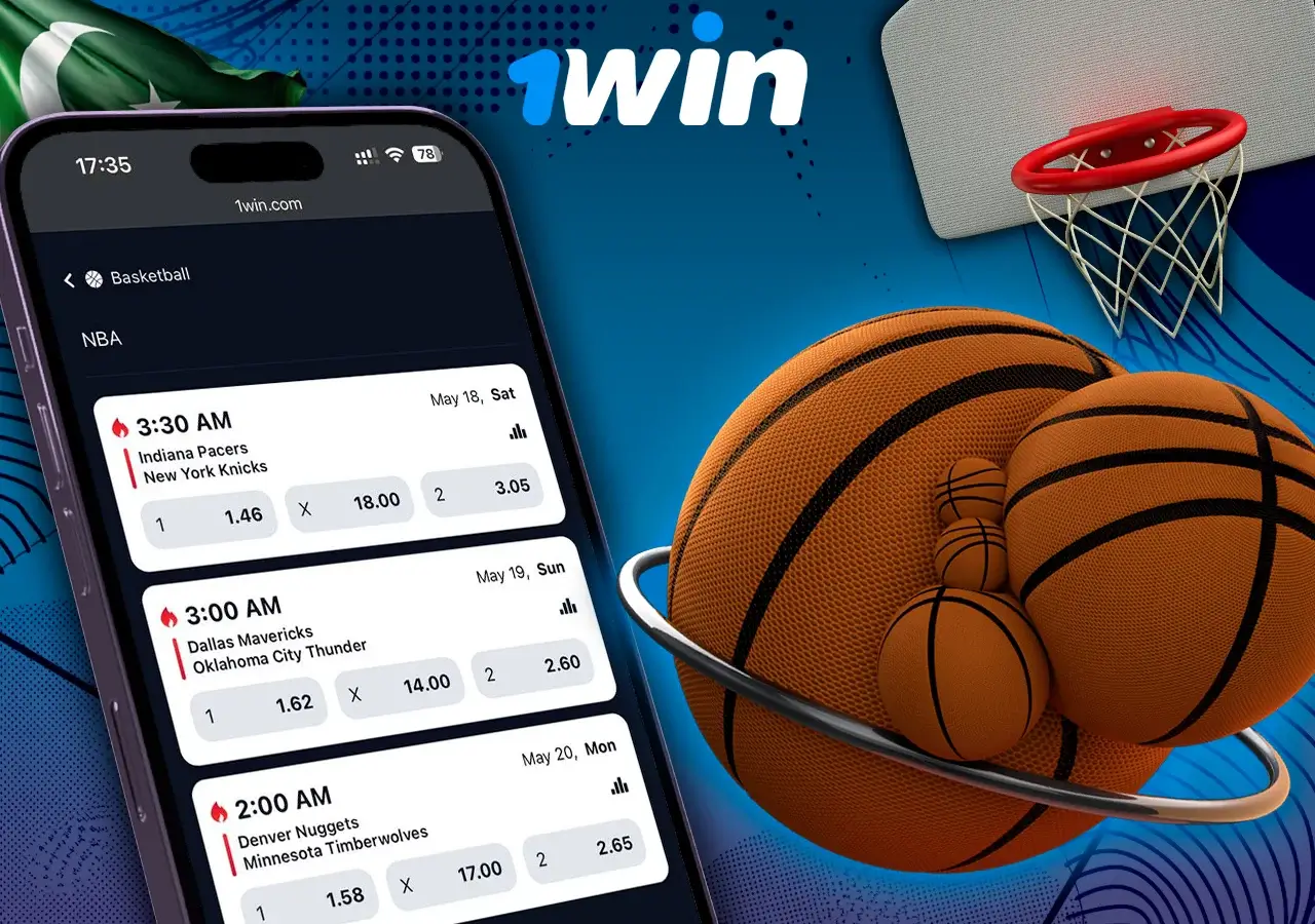 Mobile phone showing NBA game details with 1Win branding and basketball graphics