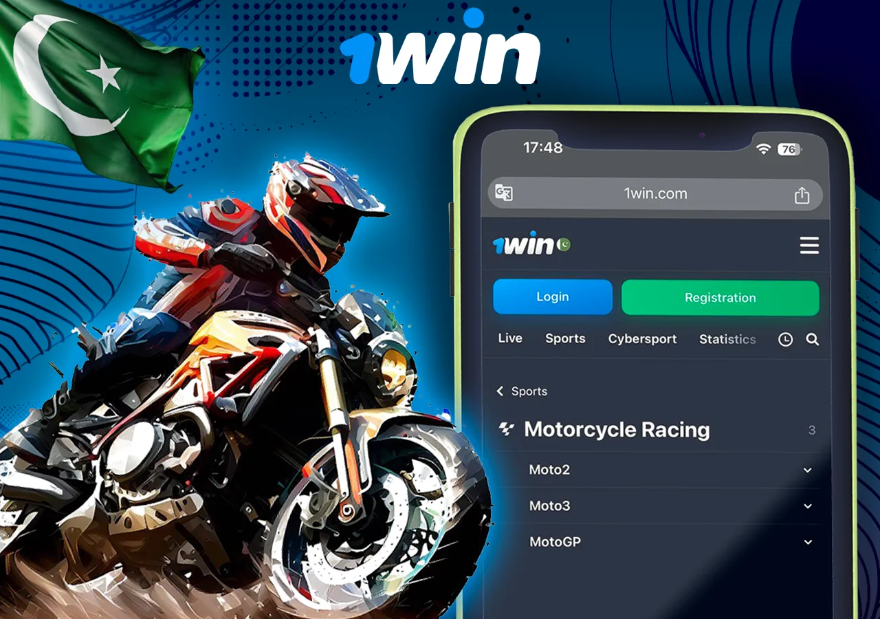 Motorcycle racer with a sports betting app interface displayed on a smartphone screen