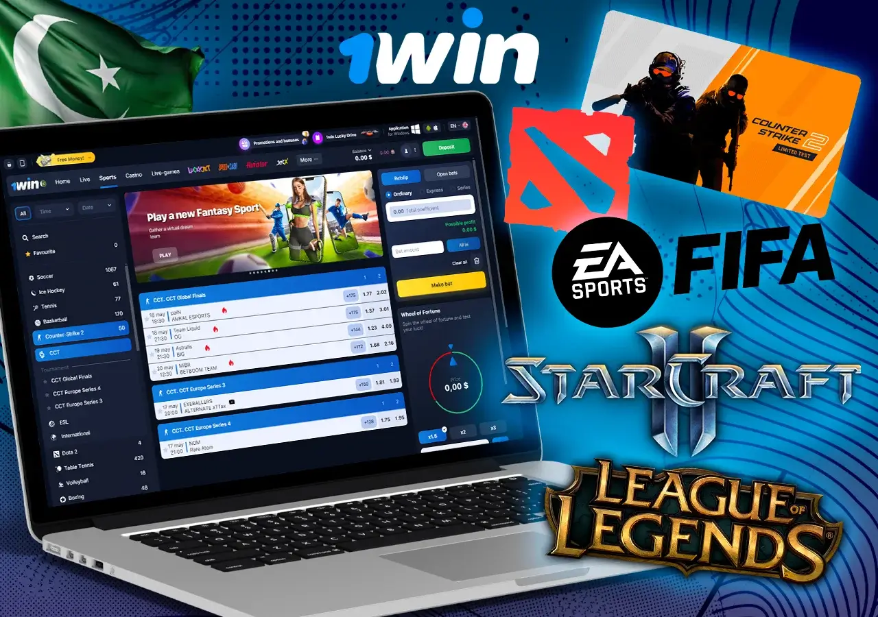 1Win cybersport betting platform featuring game icons like Counter-Strike 2 and Dota 2 on a laptop screen