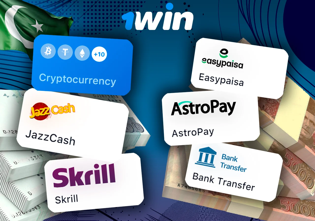 1Win platform showcasing different payment options such as Cryptocurrency, JazzCash, Skrill, Easypaisa, AstroPay, and Bank Transfer