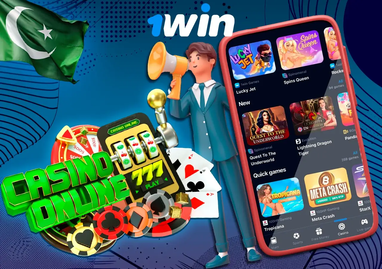 Online casino elements including a mobile app, slot machine, poker chips, and playing cards.