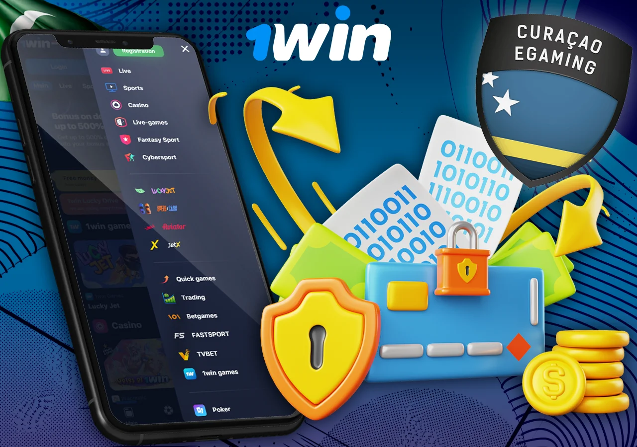 Smartphone screen displaying casino game categories with Curaçao eGaming license emblem and secure transaction icons.