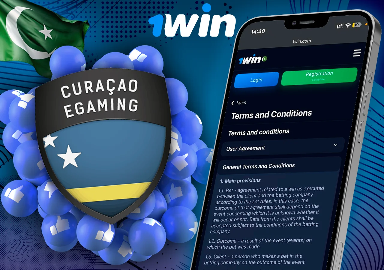 Mobile screen showing terms and conditions with Curacao eGaming license logo in background