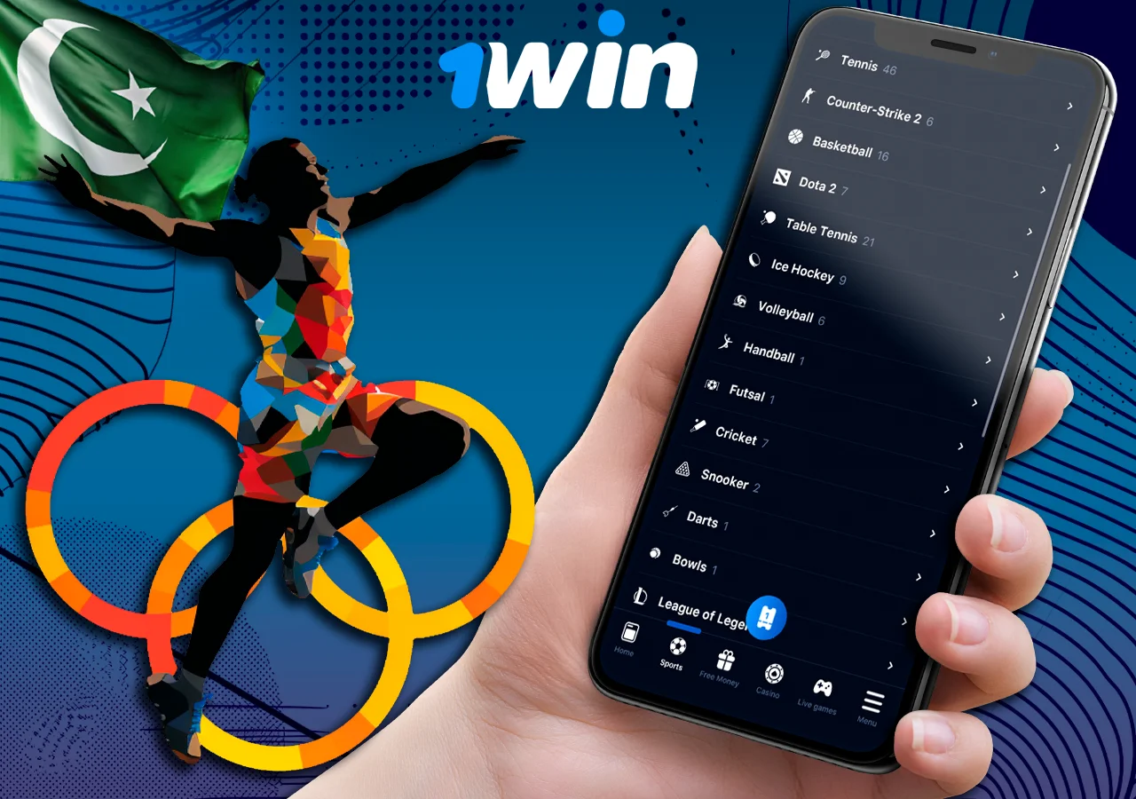 Athletic sport betting app with diverse sport options and a dynamic illustration of an athlete with an Olympic theme