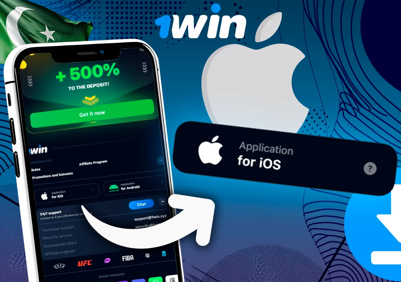 iOS app 1Win download screen displaying a 500% deposit bonus