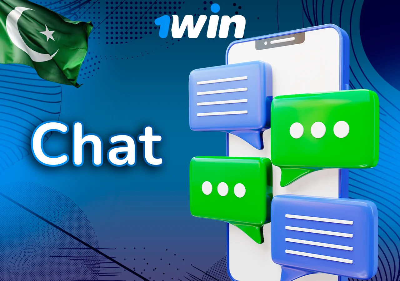 Picture of a phone with correspondence, chat caption, 1Win logo