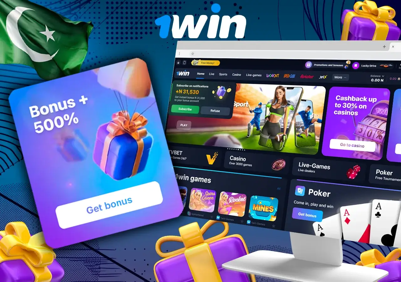 1Win welcome bonus promotion featuring a 500% bonus offer with gaming platform on screen