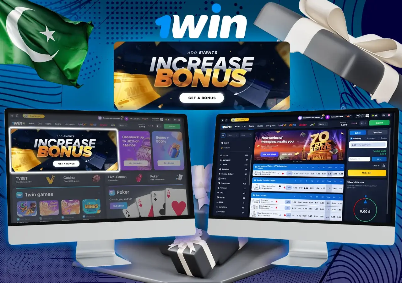 Two computers with sports and casino page, main sports bonus for expresses