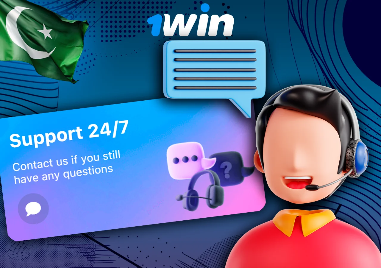 Support 1Win with a 24/7 availability message and customer service characters