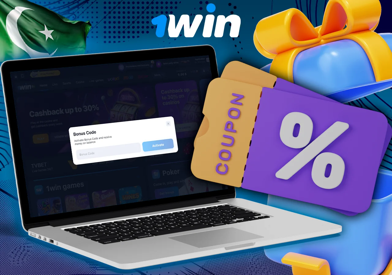 Laptop displaying 1Win bonus code input with coupon ticket and gift box graphics