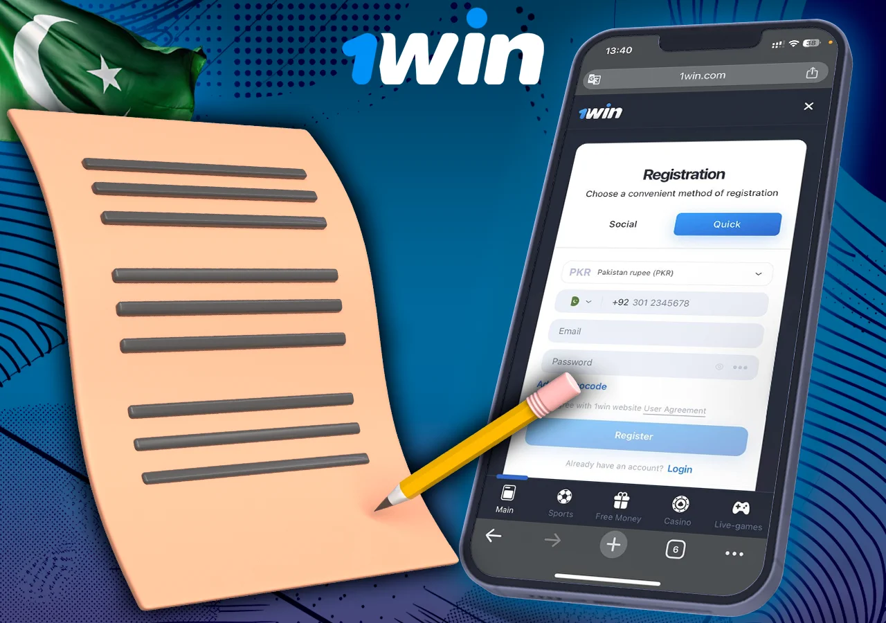 Registration form on mobile device, paper, and pencil with a flag and 1win logo in the background