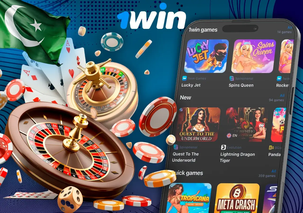 Mobile screen showcasing various 1Win casino games, surrounded by casino elements like roulette wheels and poker chips.