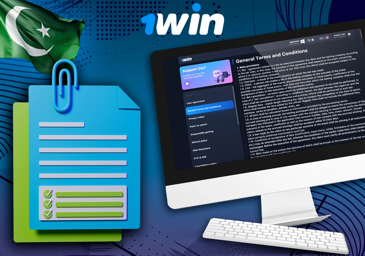 1Win platform showing general terms and conditions with icons of documents and a national flag