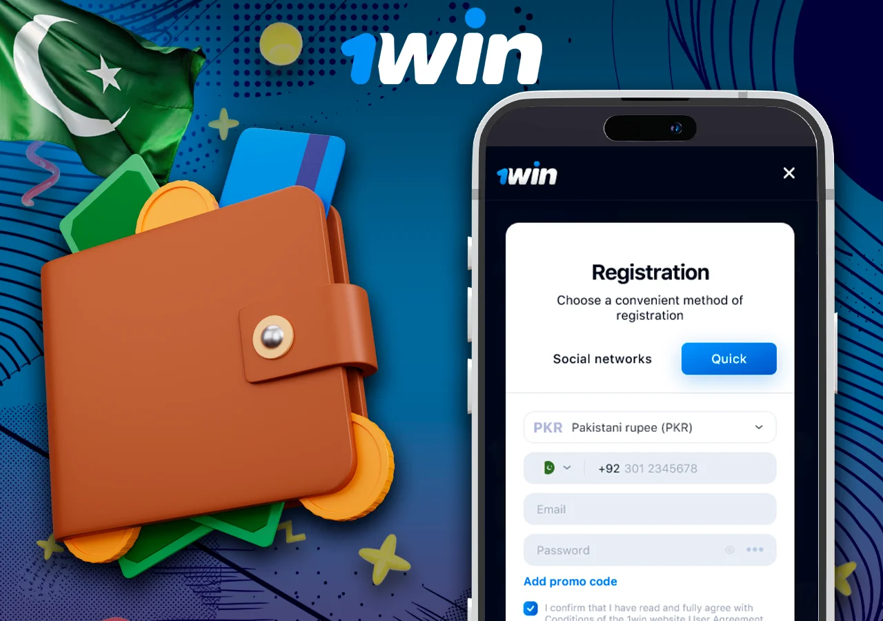 1Win site with registration form is open on the phone, next to the wallet with money.