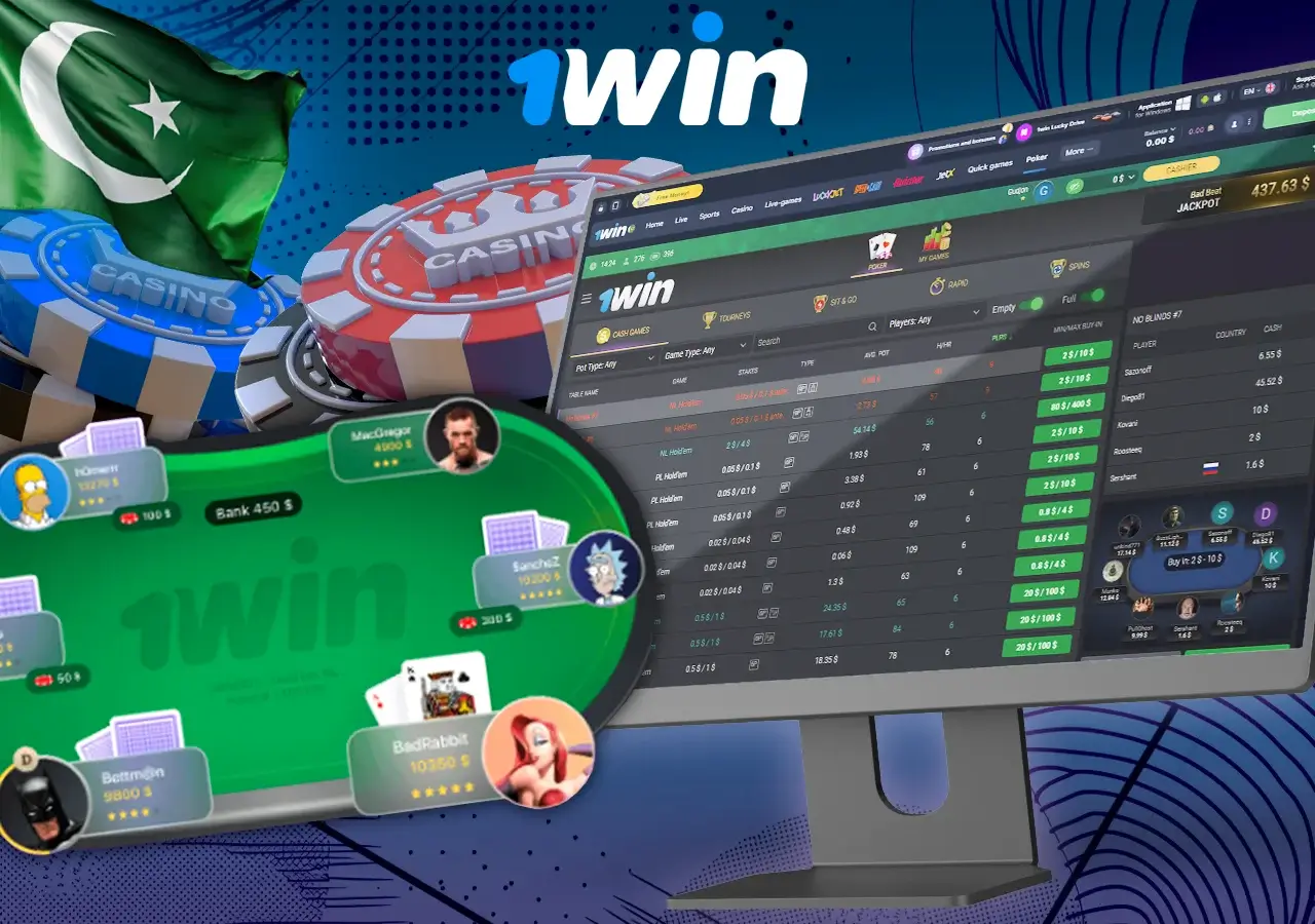 Online poker game interface on 1Win platform with casino chips and Pakistan flag in the background.