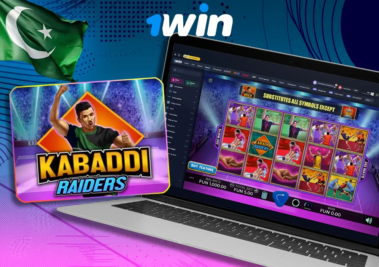 Laptop screen displaying an online casino game themed around Kabaddi, with images of players in action.