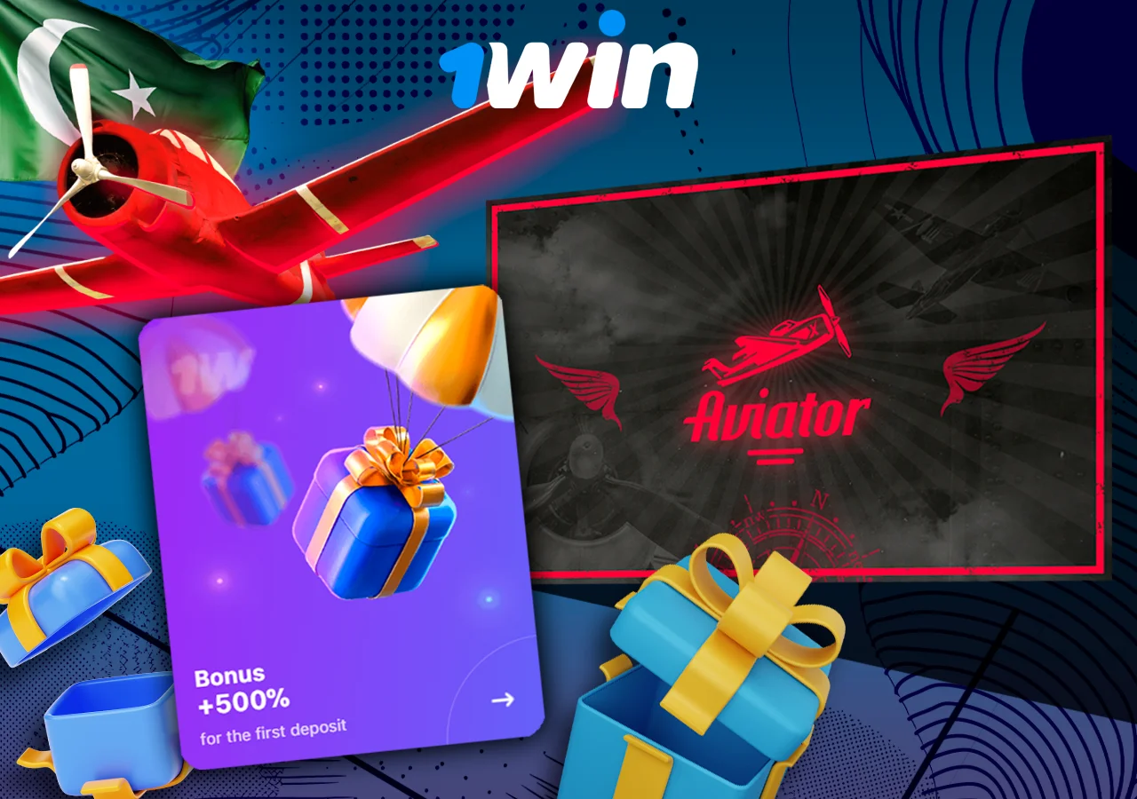 Aviator game cover, next to 500% bonus from 1Win, airplane and gifts