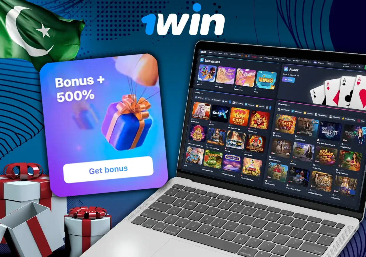 Laptop with 1Win open site, next to 500% bonus for new users and gifts