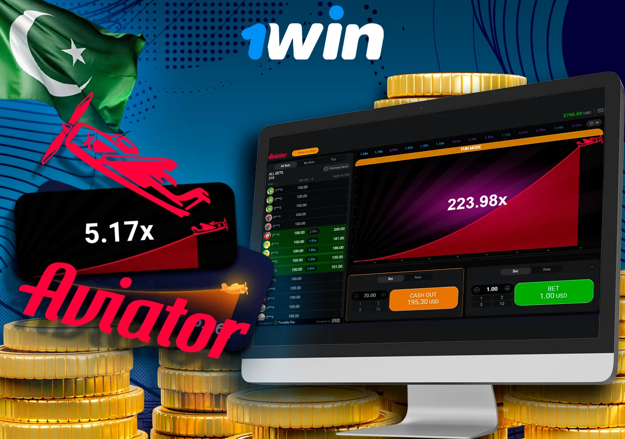 The monitor with a big win multiplier on the Aviator, next to the logo and in the background money