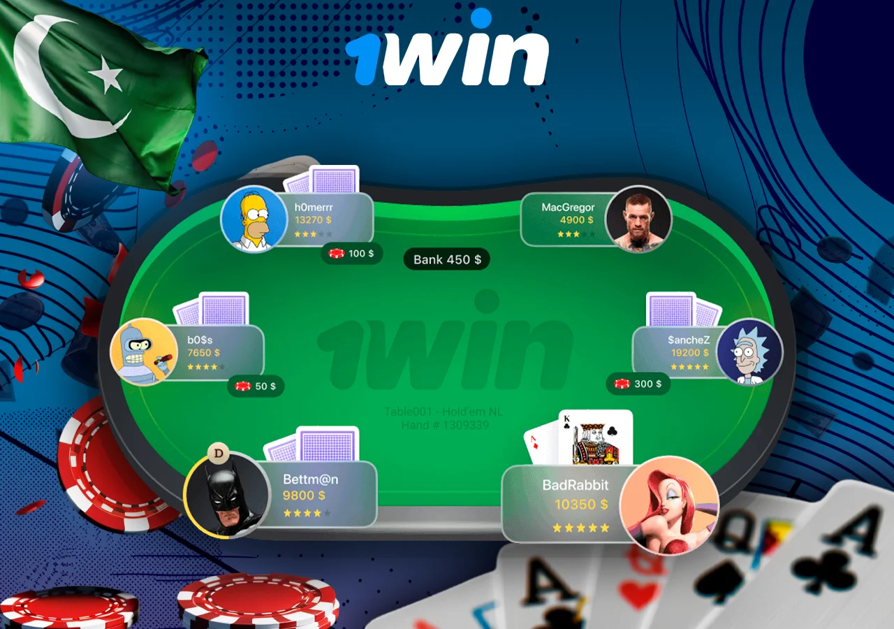 In the center is a poker table and simulation of poker game, next to attributes