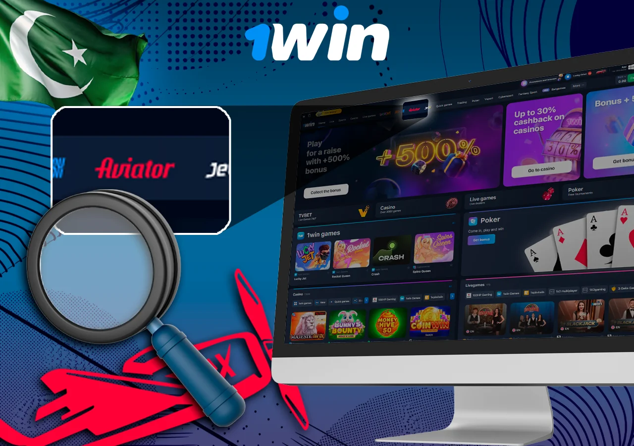 The monitor shows where to find the Aviator game, with the magnifying glass emphasizing the title