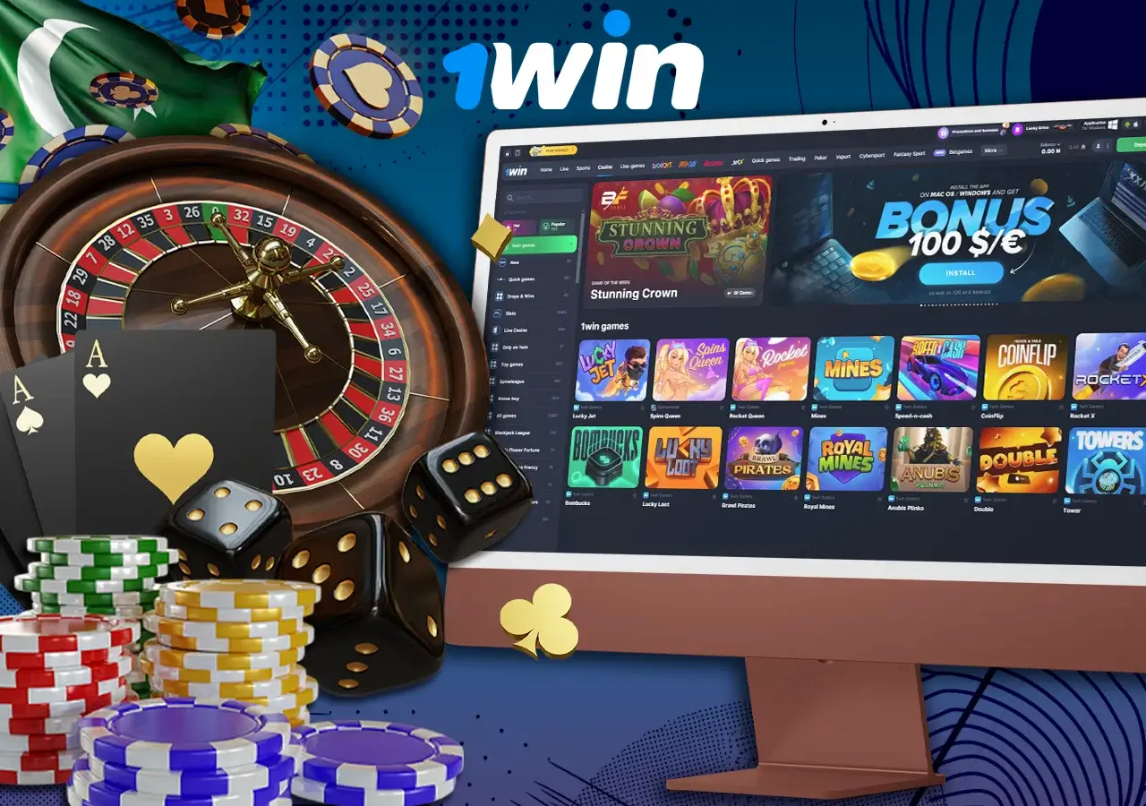 Monitor with an open page of online casino games, casino attributes next to it.